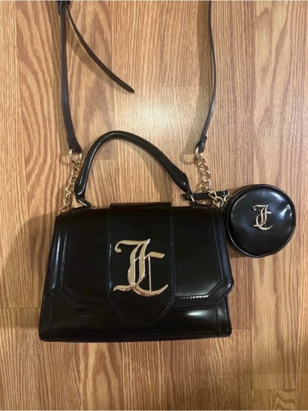 Juicy Couture Black Patent Top-Handle Satchel with Gold Monogram
